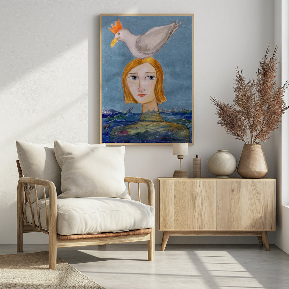 Lady swimmer with seagull - plakatstore