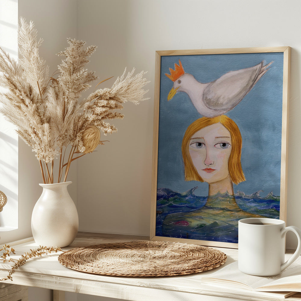 Lady swimmer with seagull - plakatstore