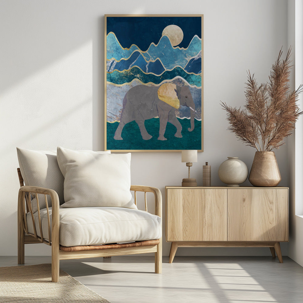 Metallic Elephant in the Moonlit Mountains - plakatstore