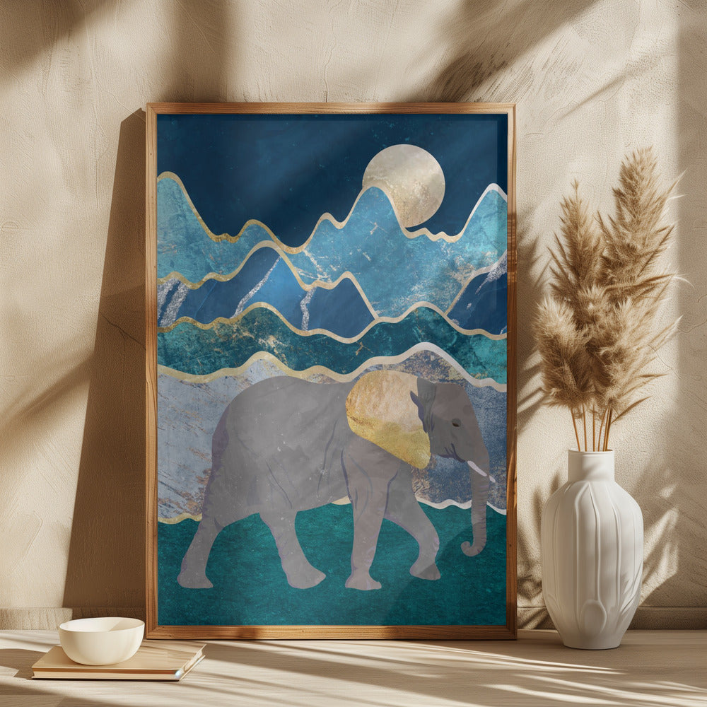 Metallic Elephant in the Moonlit Mountains - plakatstore