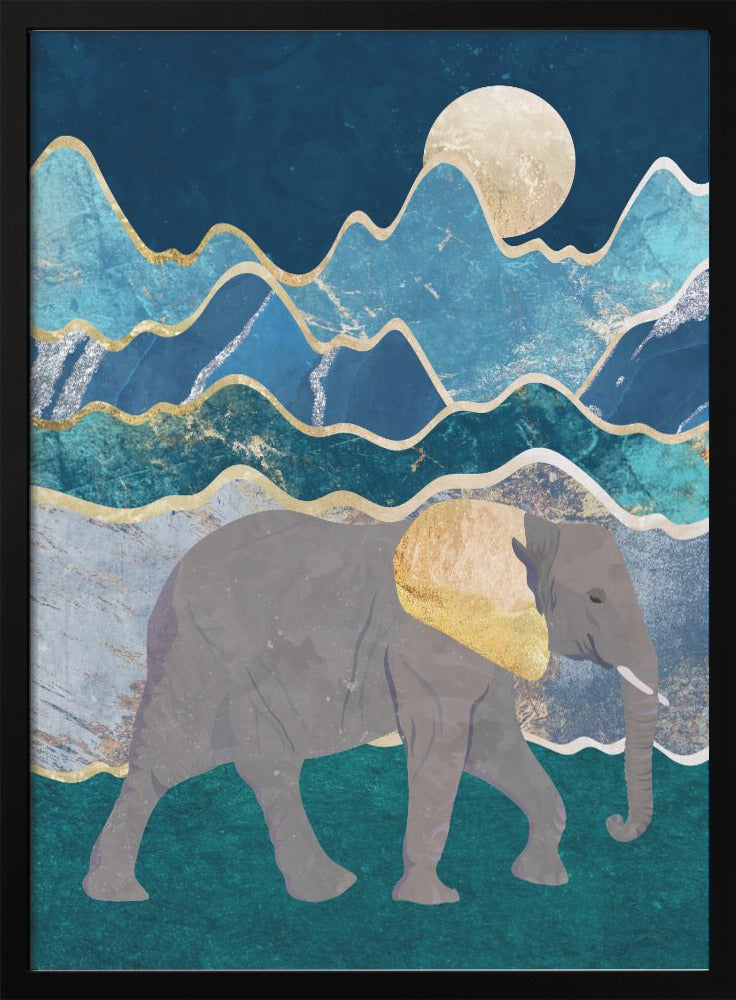 Metallic Elephant in the Moonlit Mountains - plakatstore