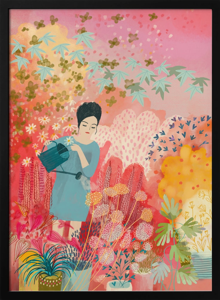 Woman Watering Colorful Garden