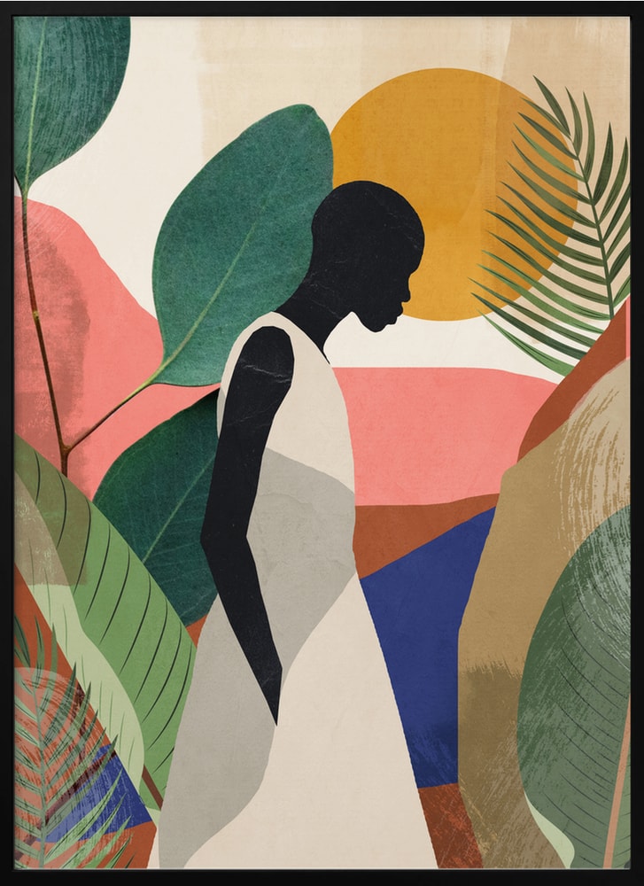 Pensive Woman Tropical Leaves