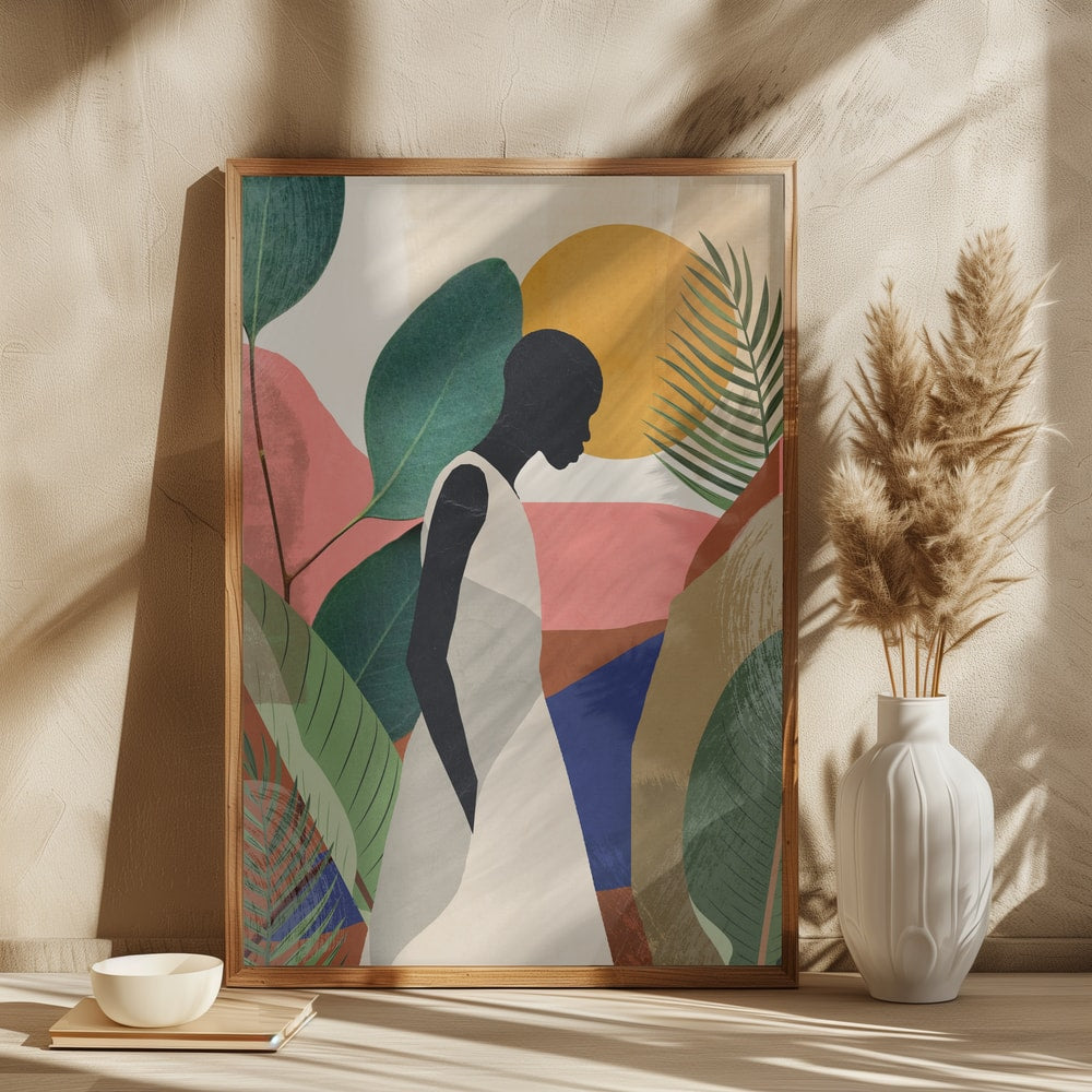 Pensive Woman Tropical Leaves