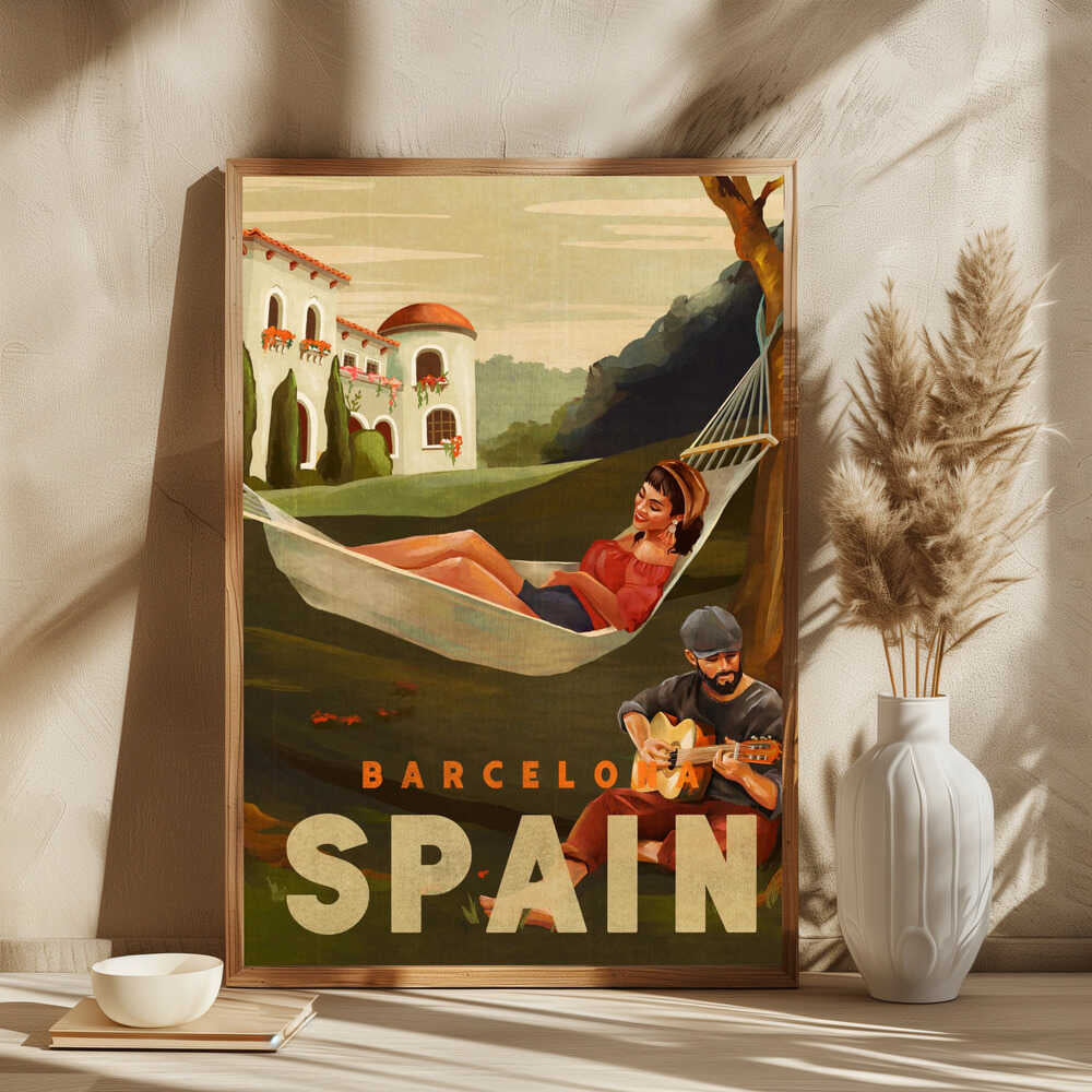 Barcelona Spain Guitar Player Travel Art