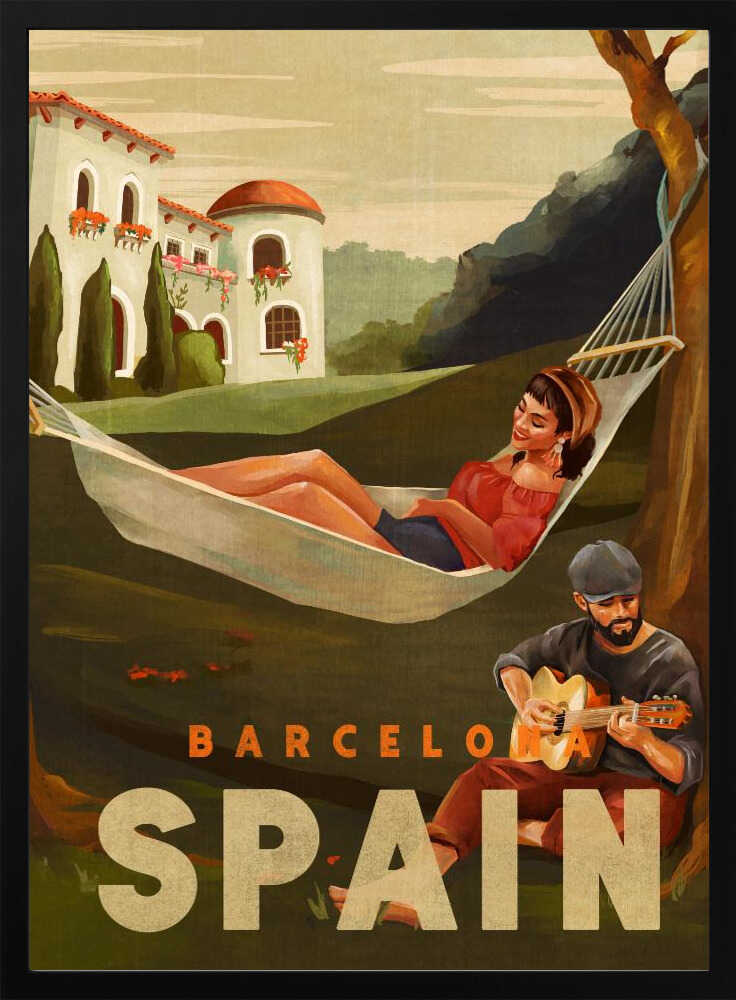 Barcelona Spain Guitar Player Travel Art