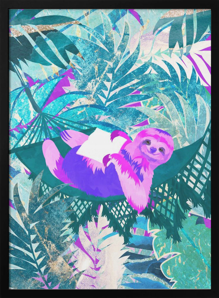 Pink and Green Neon Sloth in Hammock - plakatstore