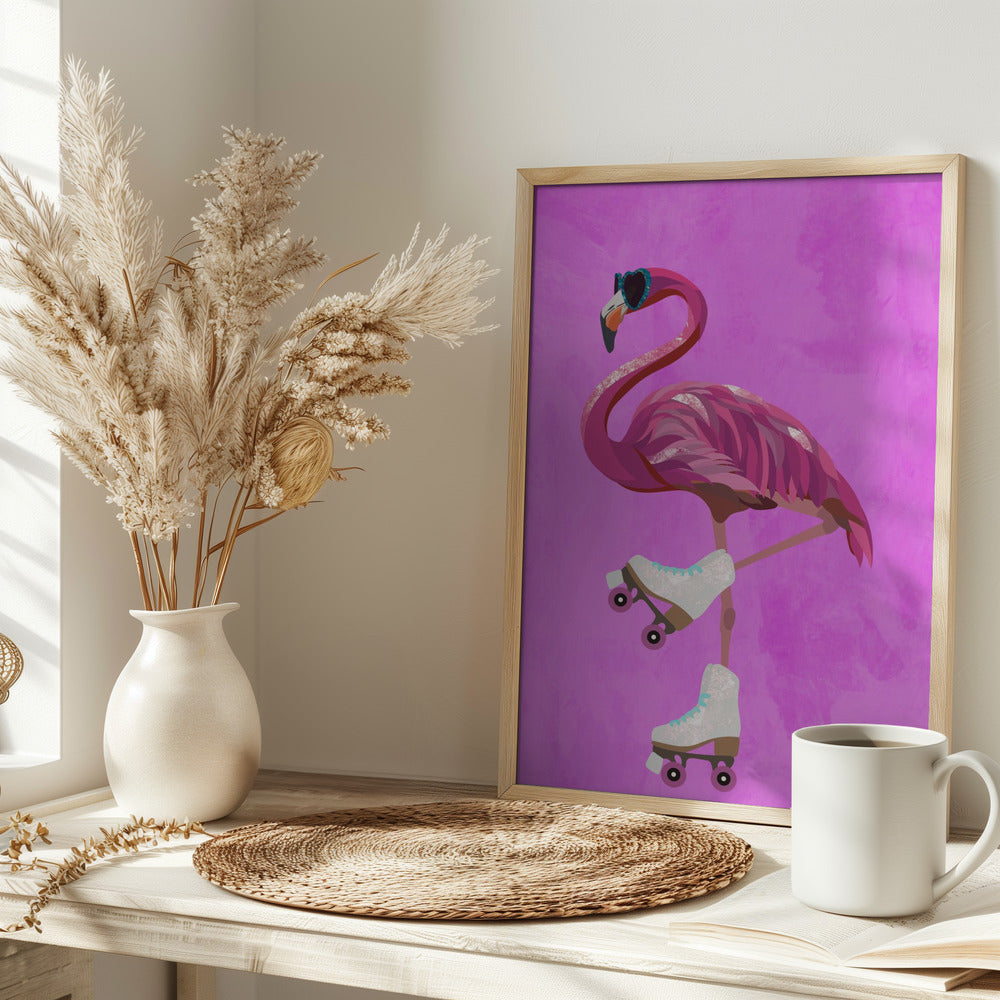 Pink Flamingo Roller Skating - plakatstore