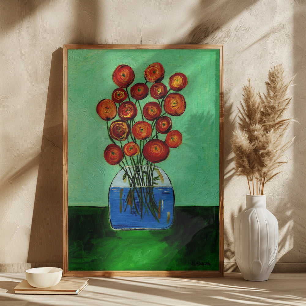 Poppies in Vase Green Version - plakatstore