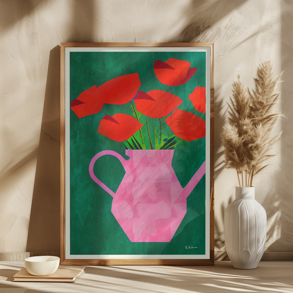 Red Poppies In a Pink Vase - plakatstore