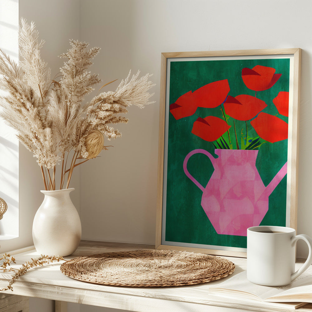 Red Poppies In a Pink Vase - plakatstore