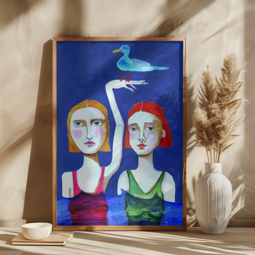 Swimming Ladies with Blue Bird