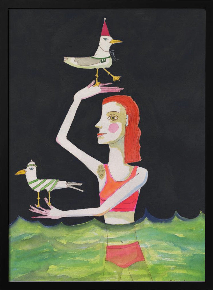 Swimming Lady with birds