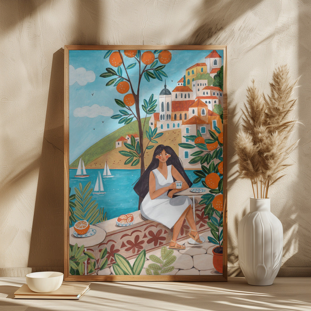 Travel poster woman in Mediterranean coast - plakatstore