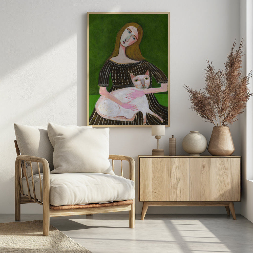 vintage lady with white cat - plakatstore