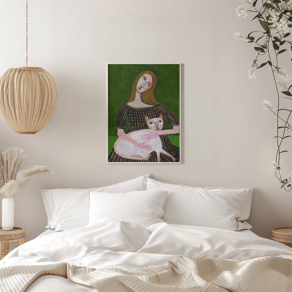 vintage lady with white cat - plakatstore