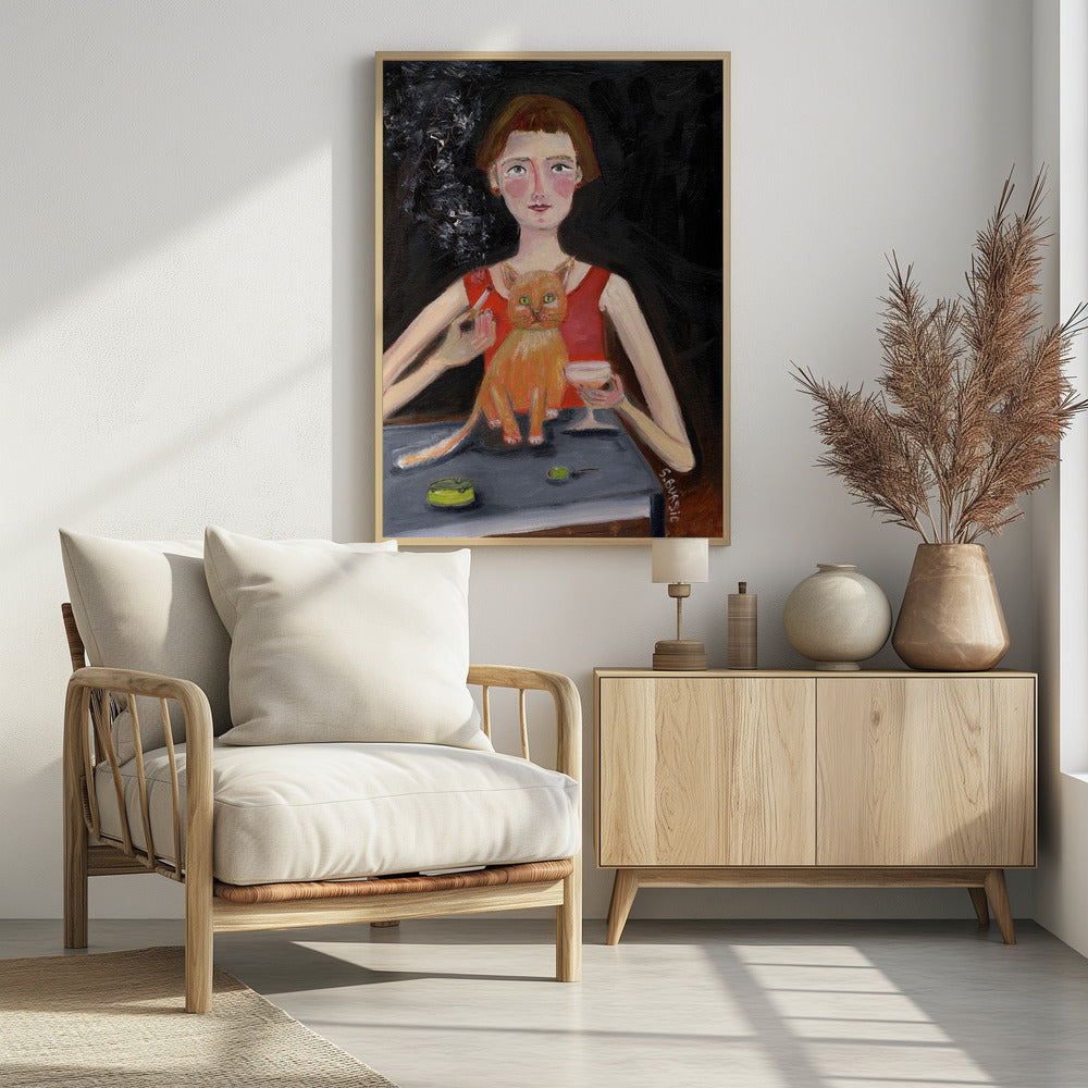 Vintage woman with cocktail and cat