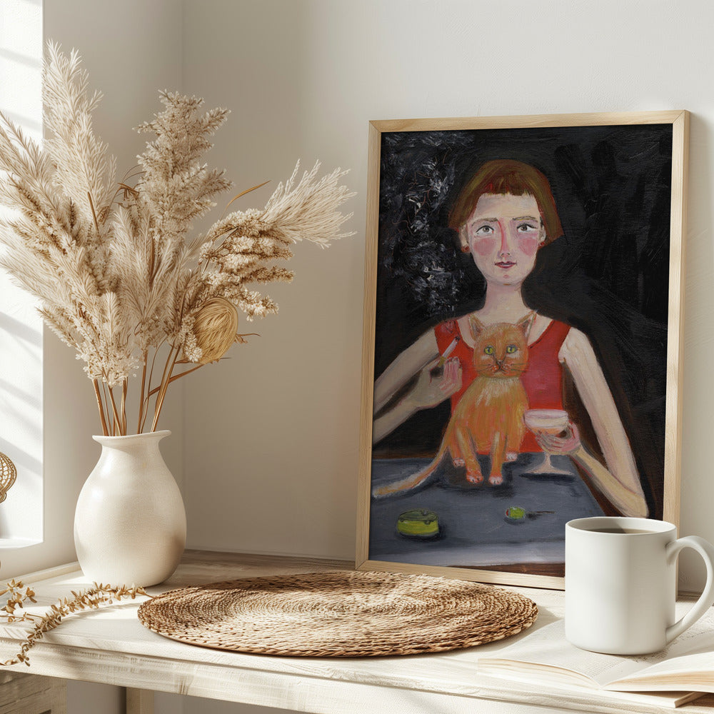 Vintage woman with cocktail and cat