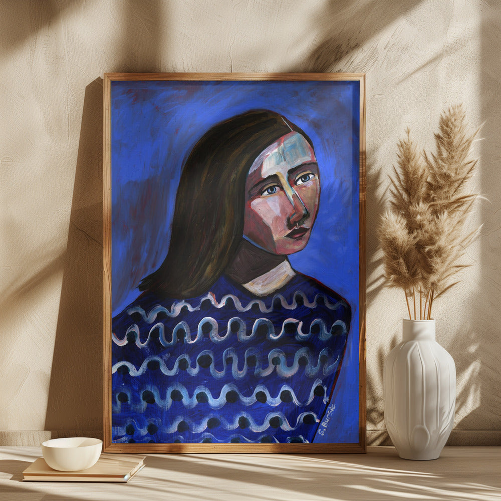 Woman in Blue Sweater Naive Portrait Figurative