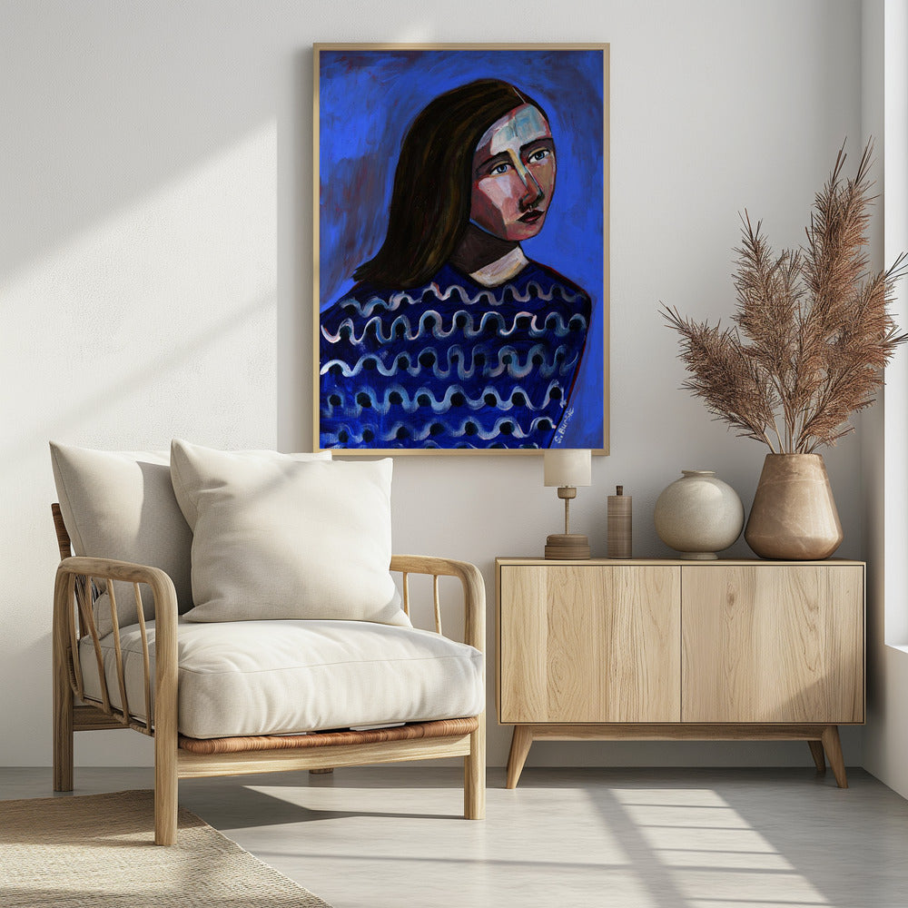 Woman in Blue Sweater Naive Portrait Figurative