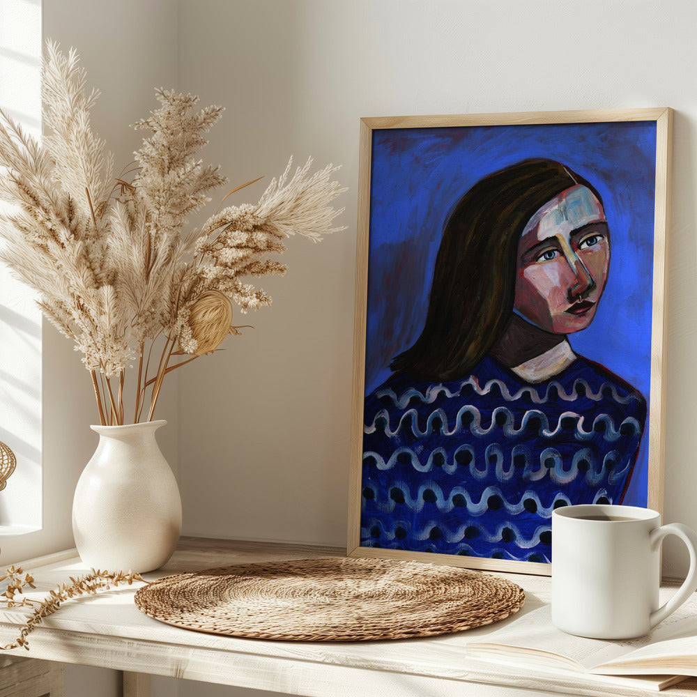 Woman in Blue Sweater Naive Portrait Figurative