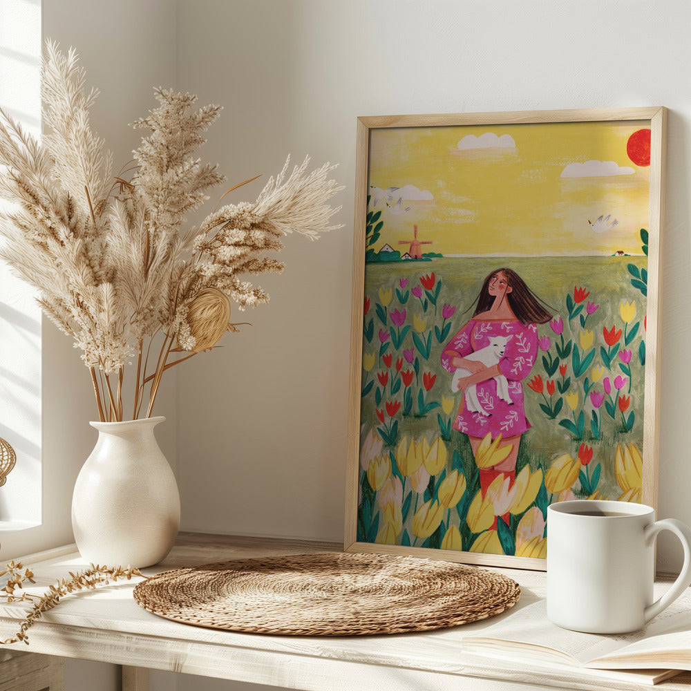 Woman in spring tulip field - plakatstore