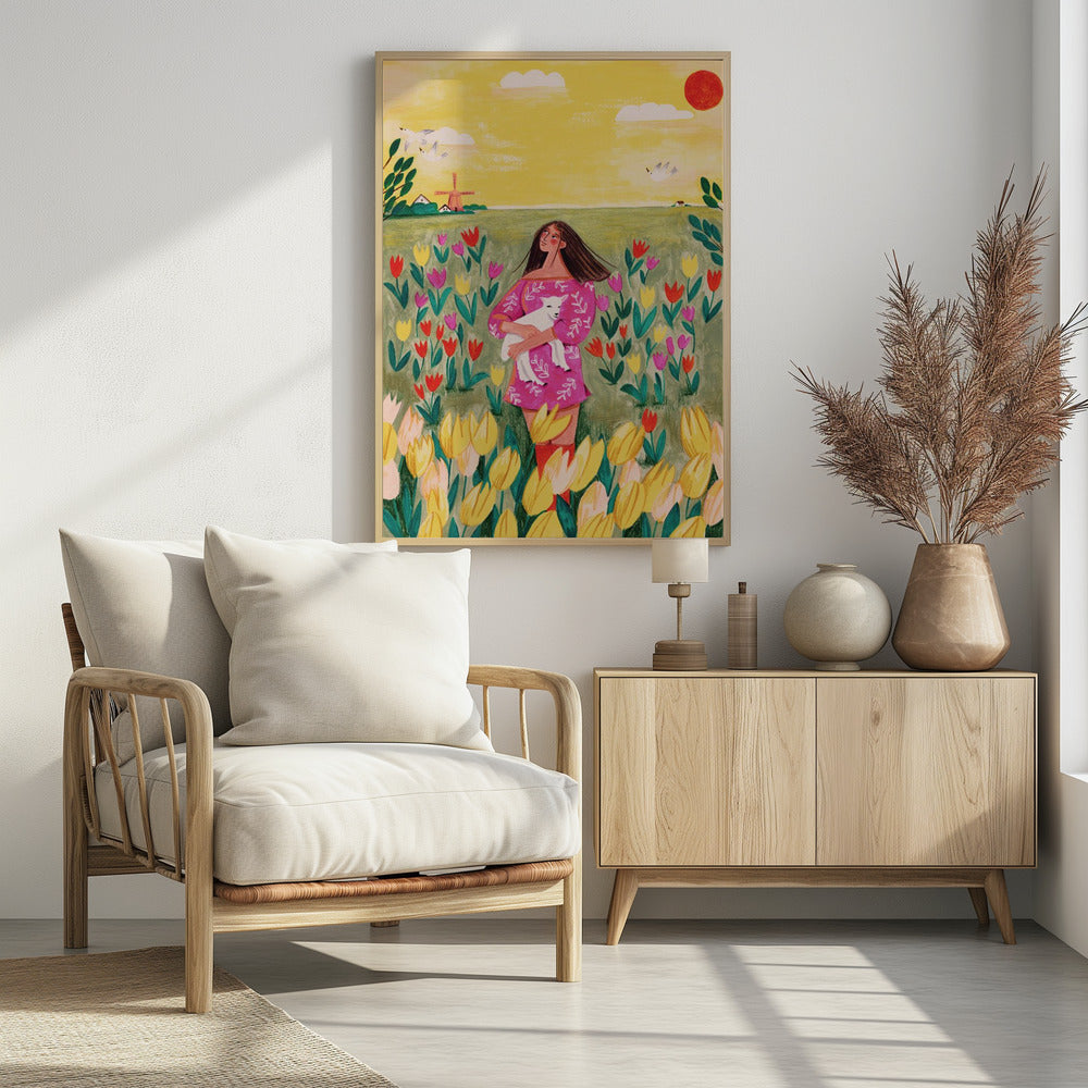 Woman in spring tulip field - plakatstore