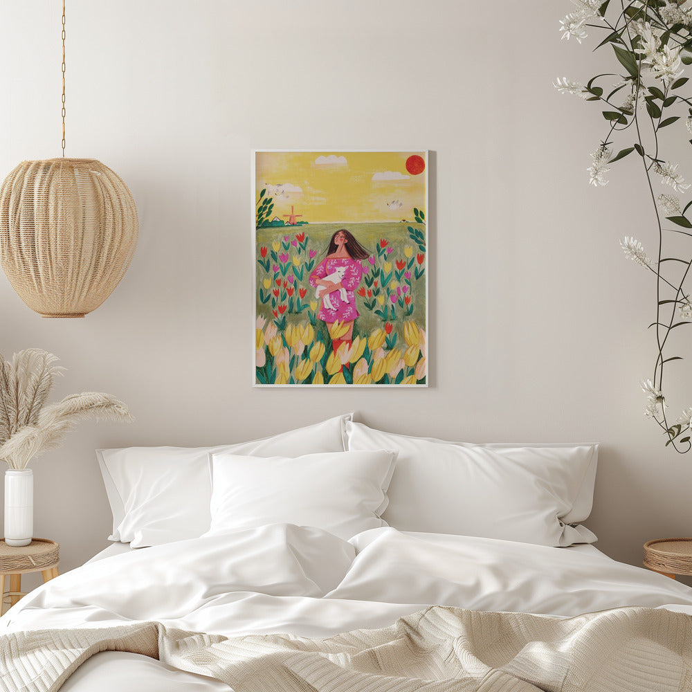 Woman in spring tulip field - plakatstore