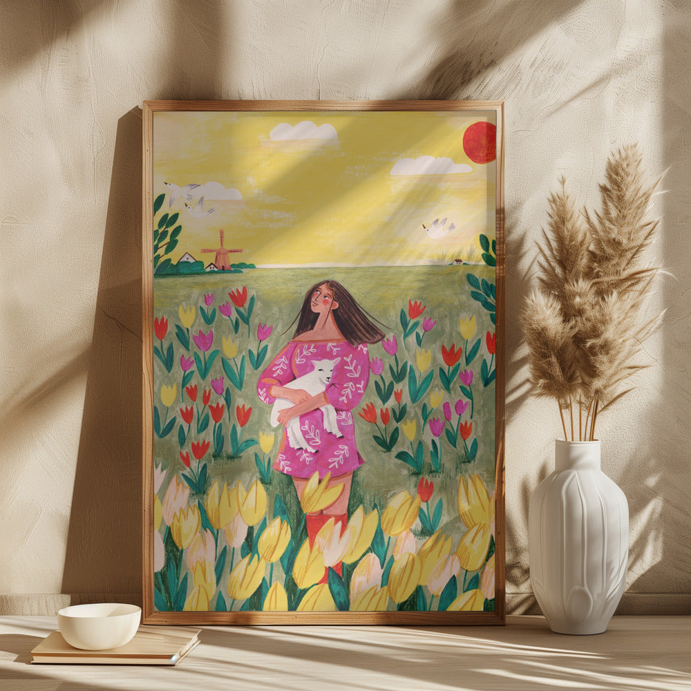 Woman in spring tulip field - plakatstore